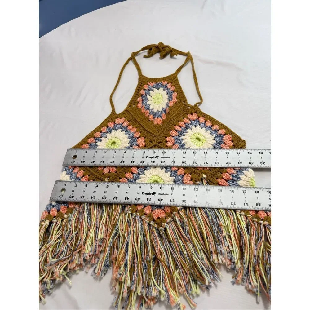 Free People Summer Of Love Crochet Hippie Boho Granny Square Tank Top Sz M/L